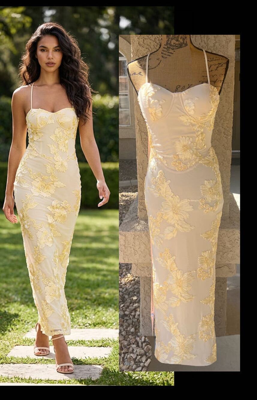 Lulus Natural Nantessa Floral Applique Lace-Up Maxi Dress Size M
